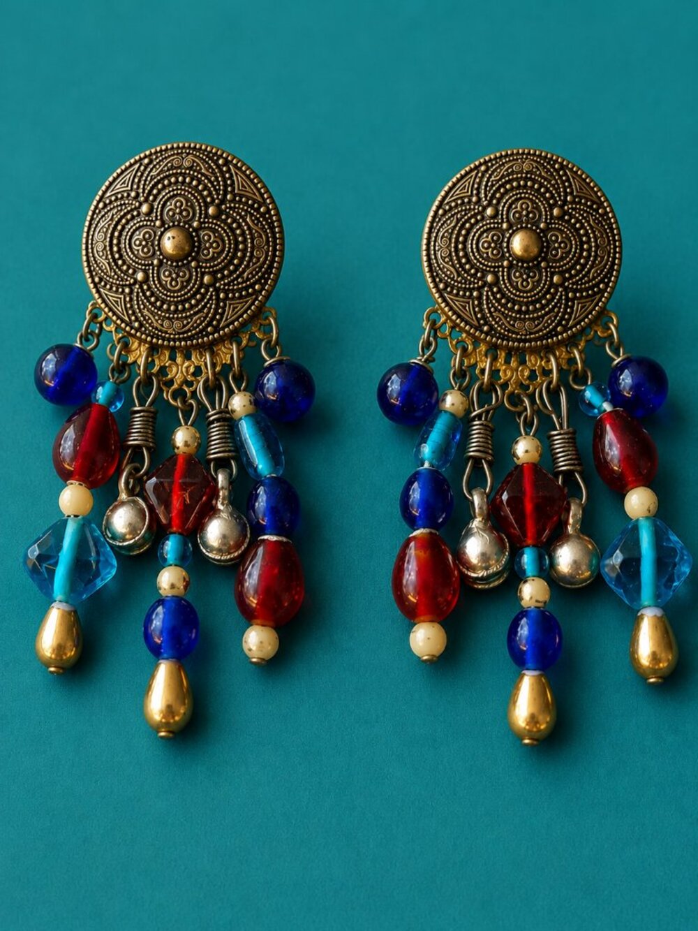 Vintage 1990s Chandelier Clip On Earrings Colorful Beaded Boho Statement Earring